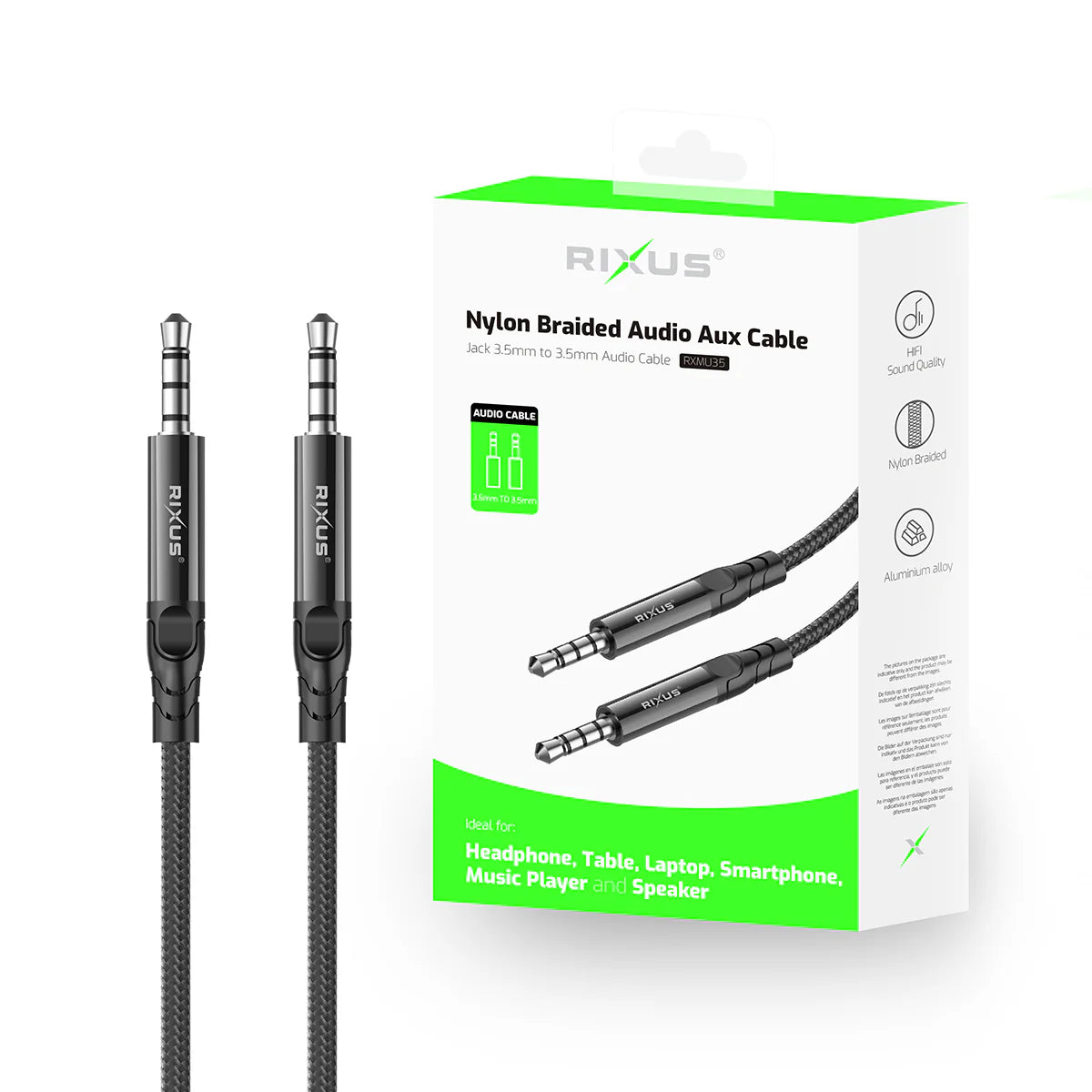 Rixus RXMU35 3.5mm AUX To 3.5mm AUX Braided Audio Cable 1.2m Black