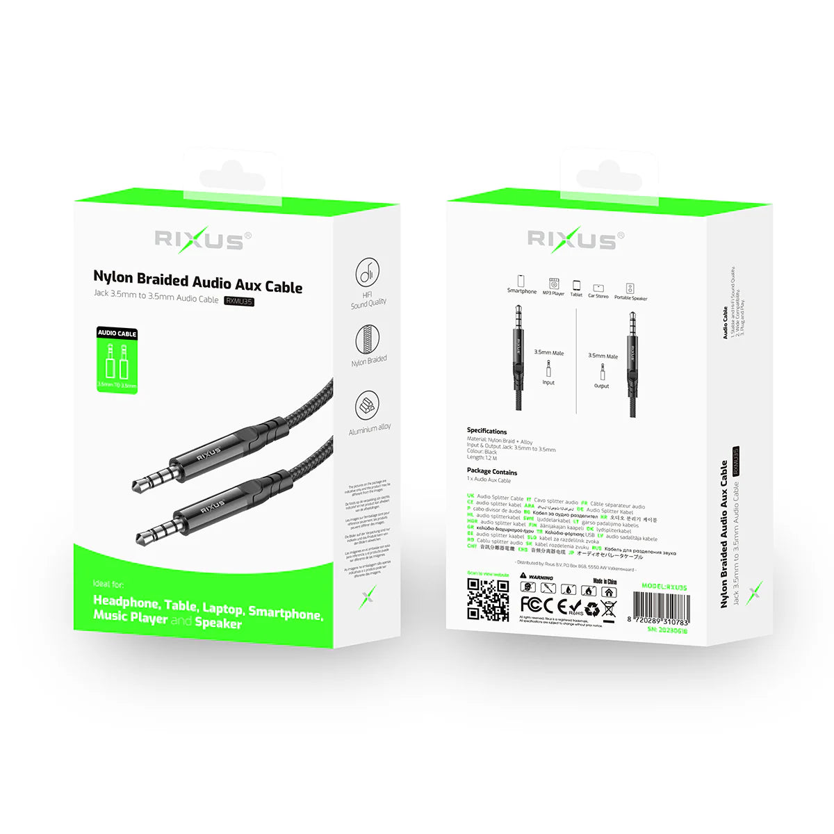 Rixus RXMU35 3.5mm AUX To 3.5mm AUX Braided Audio Cable 1.2m Black