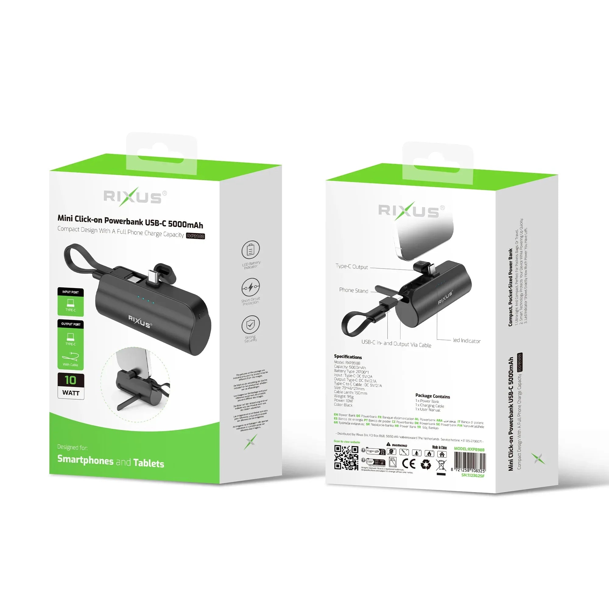 Rixus - Powerbank Mini Click-On USB-C 5.000 mAh – Carga portátil (RXPB98B) - ZONA PHONE