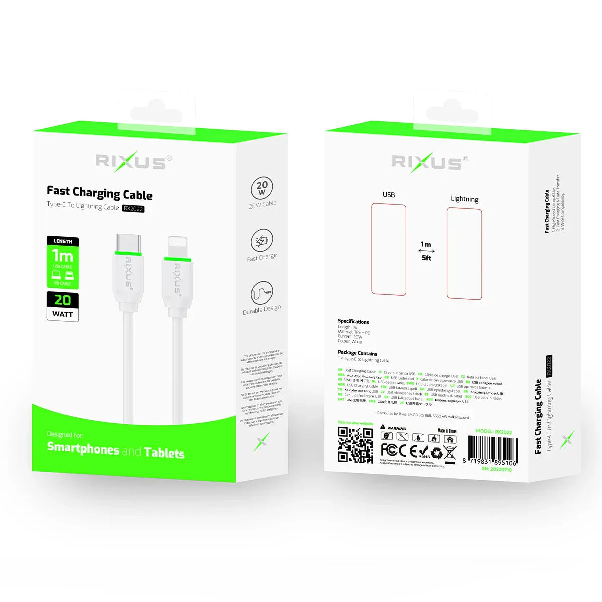 Rixus - Cable USB-C a Lightning 1 m – Carga rápida y transferencia de datos (RX2022) - ZONA PHONE