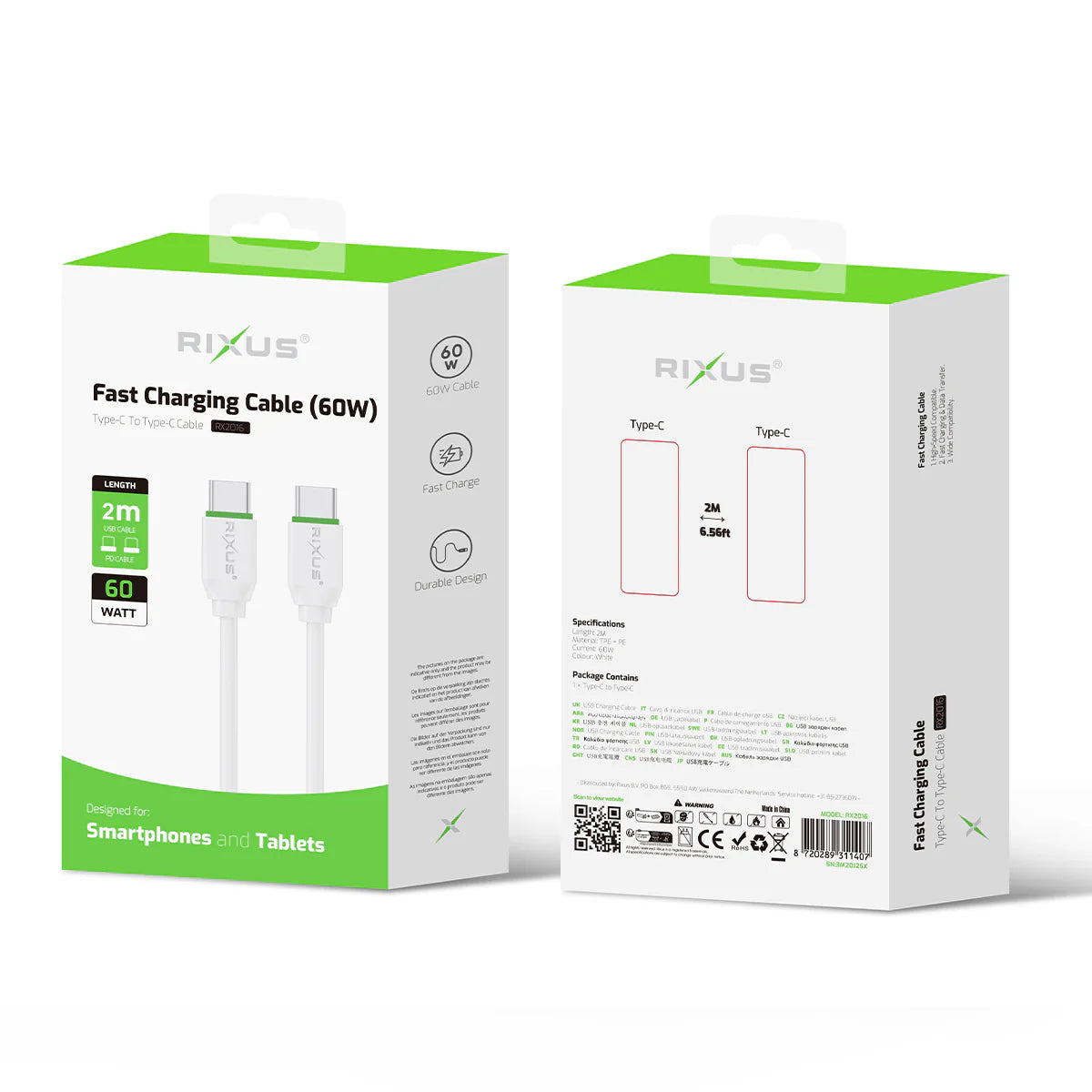 Rixus RX2016 Data Sync And Fast Charge Cable USB-C to USB-C 2m