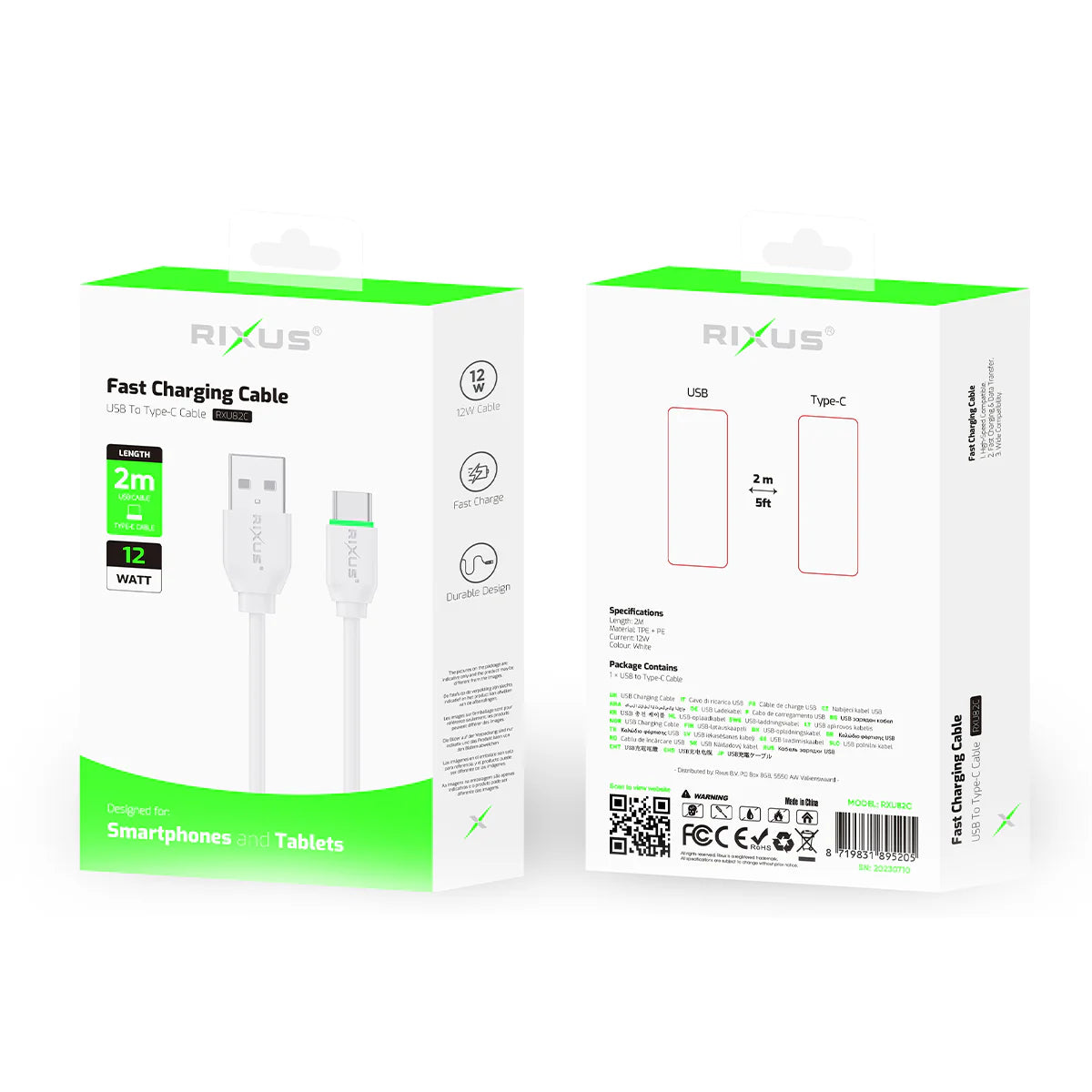 Rixus RXU82C Boost Data Cable USB-C 2m White