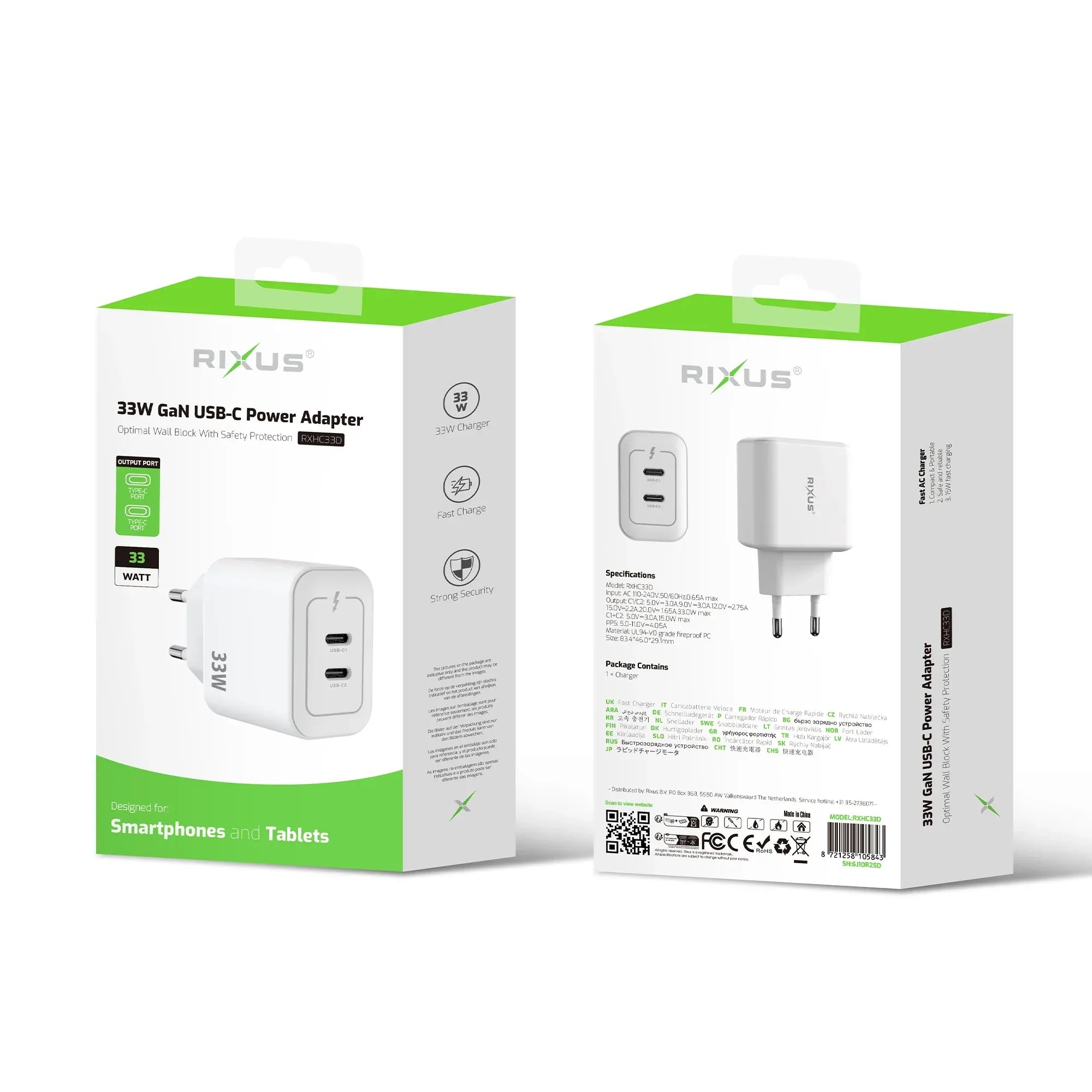Rixus - Adaptador de corriente GaN doble USB-C 33W – Carga rápida (RXHC33D) - ZONA PHONE