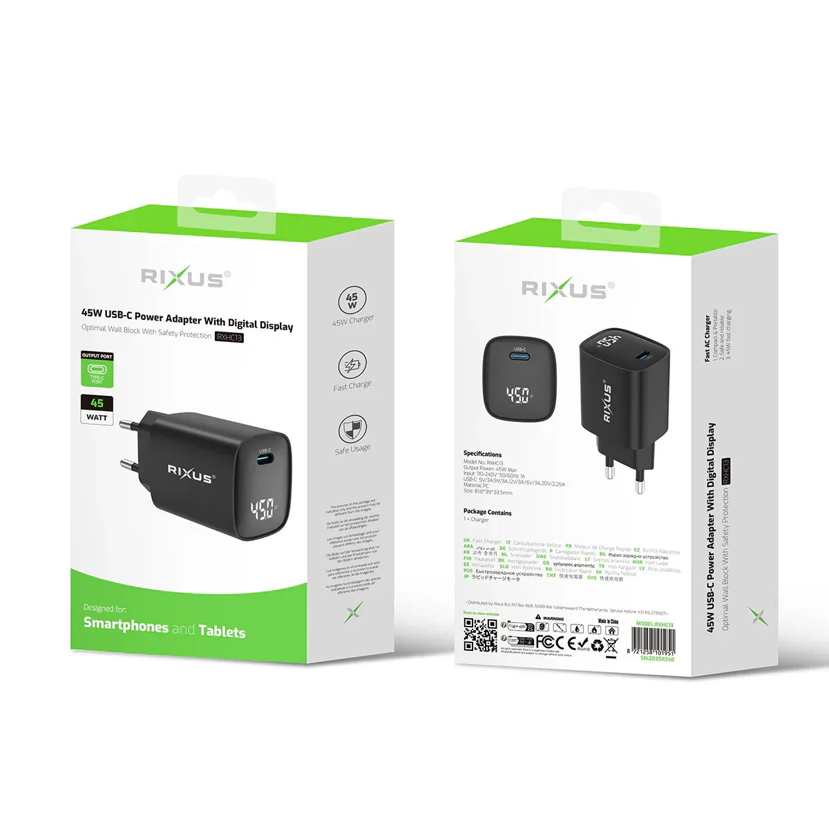 Rixus - Adaptador de corriente USB-C 45W con pantalla digital – Carga rápida (RXHC13) - ZONA PHONE