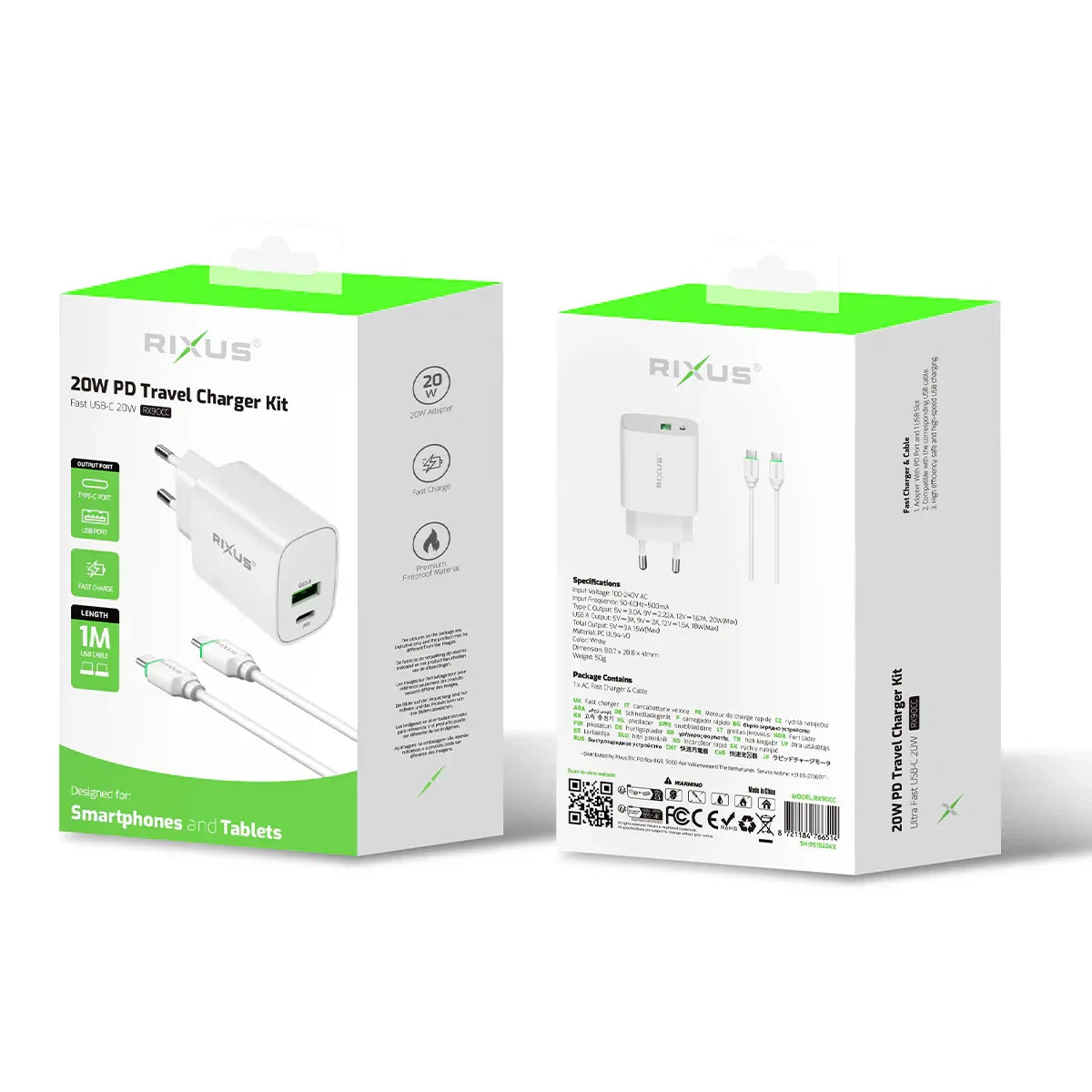 Rixus - Adaptador USB-C a USB-C & Cable 1m 20W (RX90CC) - ZONA PHONE