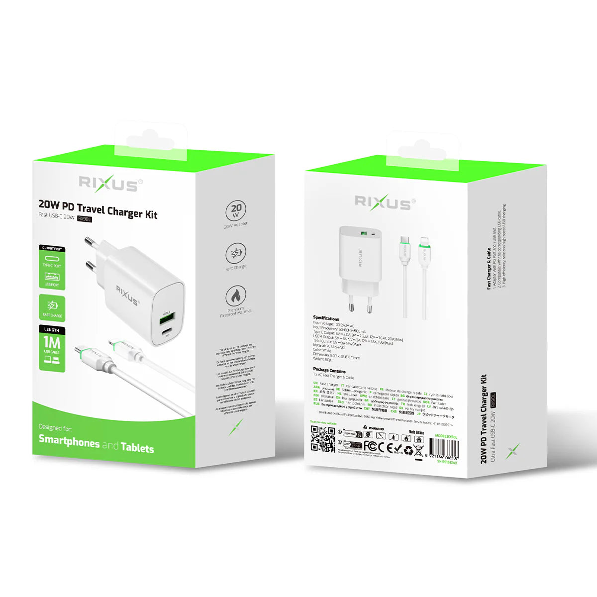 Rixus - Cargador USB-C a Lighting & Cable 1m 20W