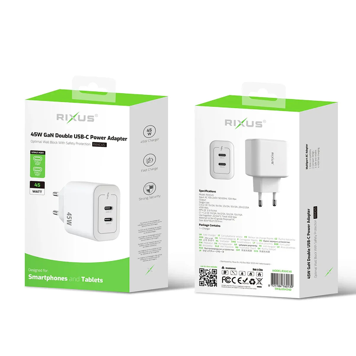 Rixus - Adaptador de corriente GaN doble USB-C 45W – Carga rápida (RXHC45) - ZONA PHONE