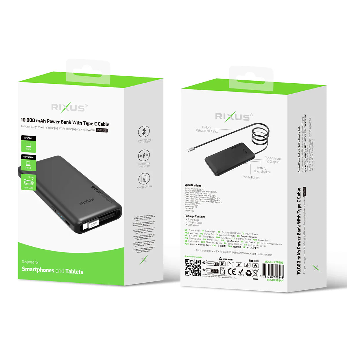 Rixus RXPB08 Powerbank With Built-in USB-C Cable 70cm 10000mAh 22.5W Black
