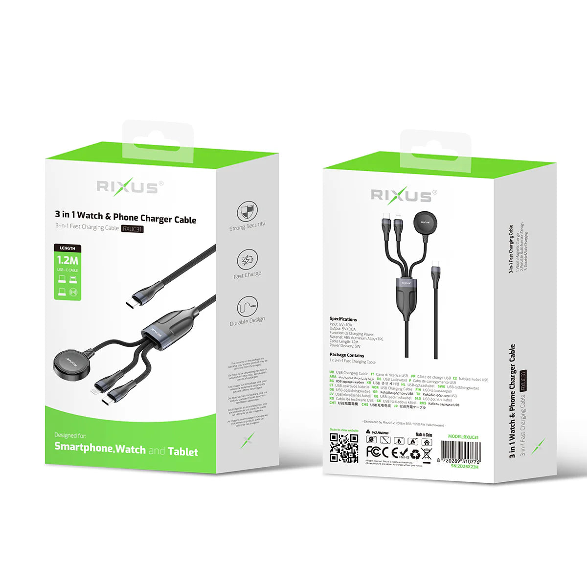 Rixus RXUC31 3 in 1 Watch And Phone Charger Cable 1.2m Black