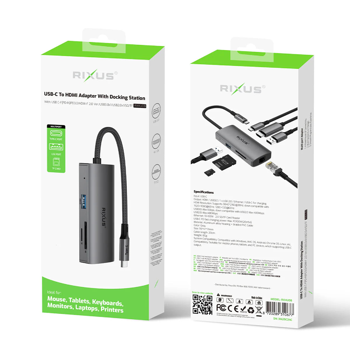 Rixus RXHU08 USB USB-C To Ethernet Adaptor With Docking Station Grey