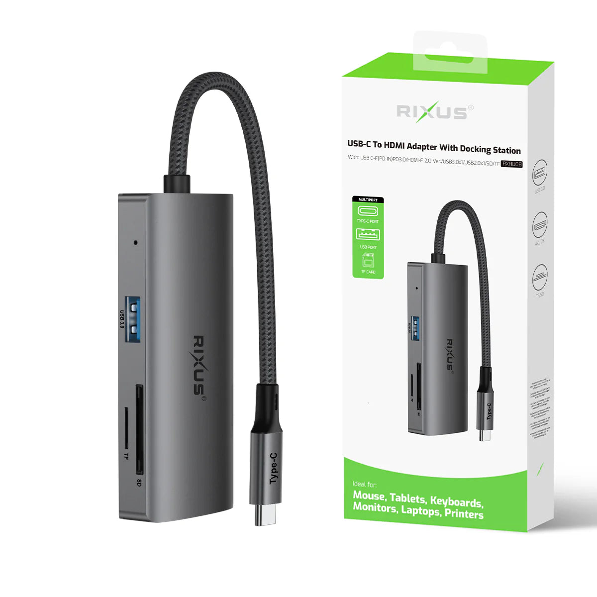 Rixus RXHU08 USB USB-C To Ethernet Adaptor With Docking Station Grey
