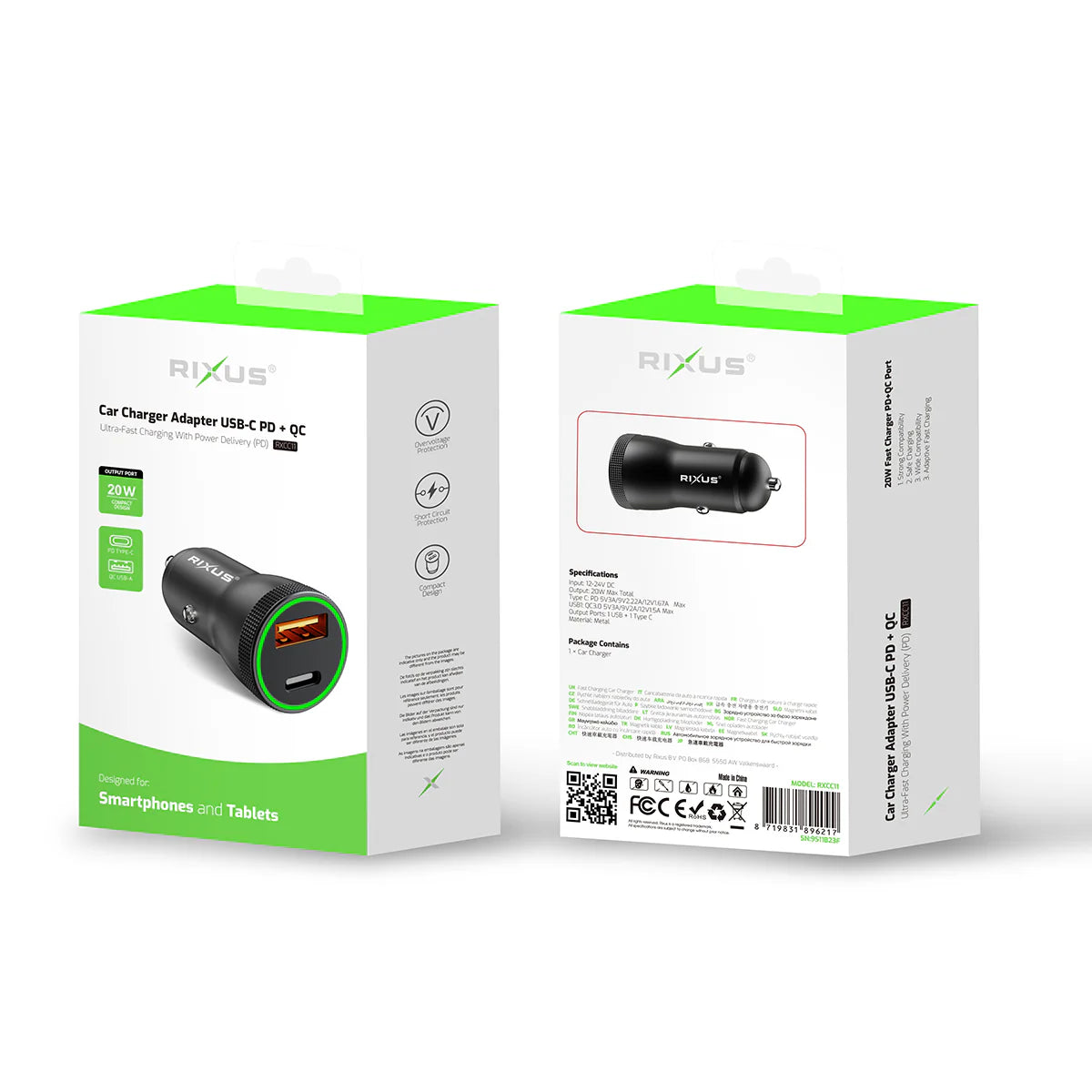 Rixus - USB-C 20W - Cargador de Coche (RXCC11)